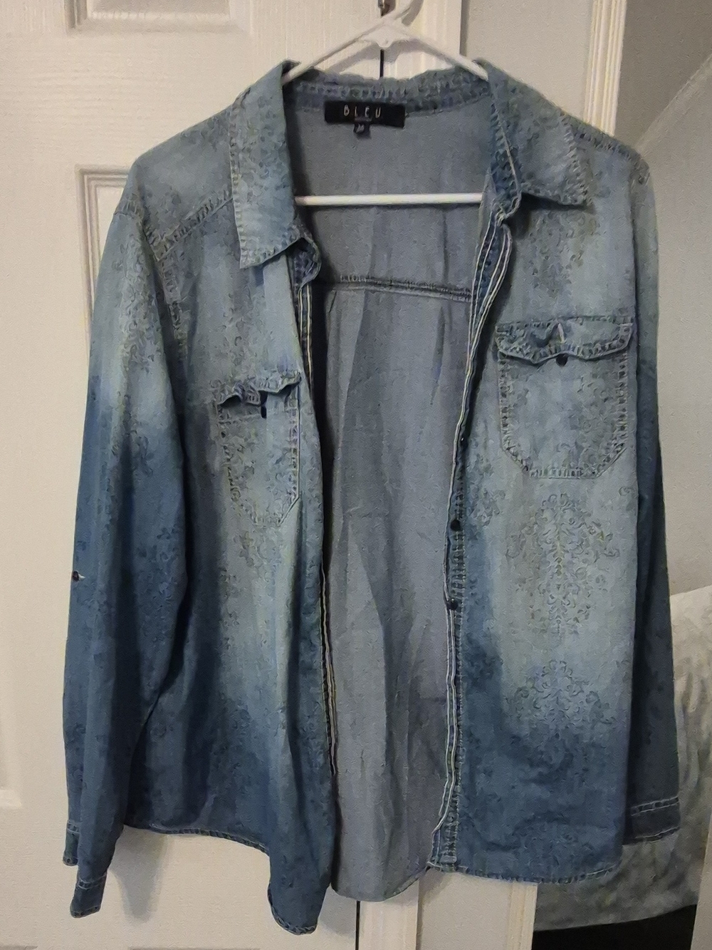 B.L.E.U. Light Blue Washed Denim Jacket with Subtle Floral Motif